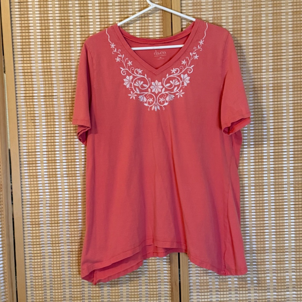 Denim‎ & Co Coral Pink Embroidered V-Neck Cotton T-Shirt XL Short Sleeve